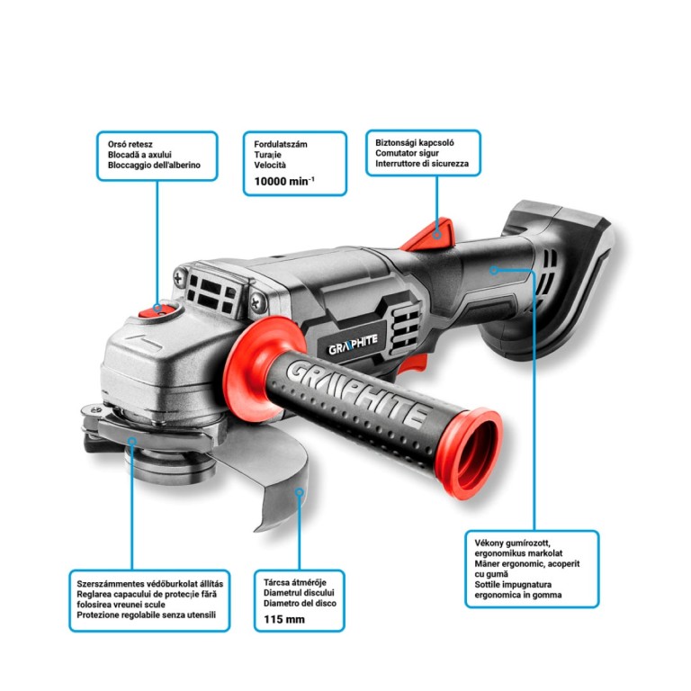 GRAPHITE - Akkus sarokcsiszoló, Energy+, 18V, 115mm, akku nélkül