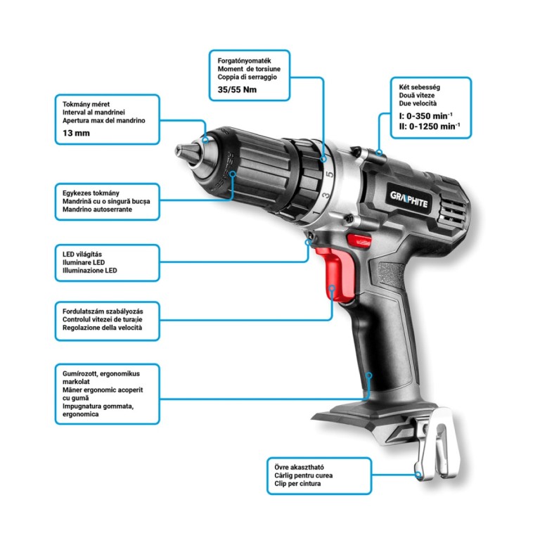 GRAPHITE - Akkus fúrógép, Energy+, 18V, 13mm gyorstokmánnyal, akku nélkül