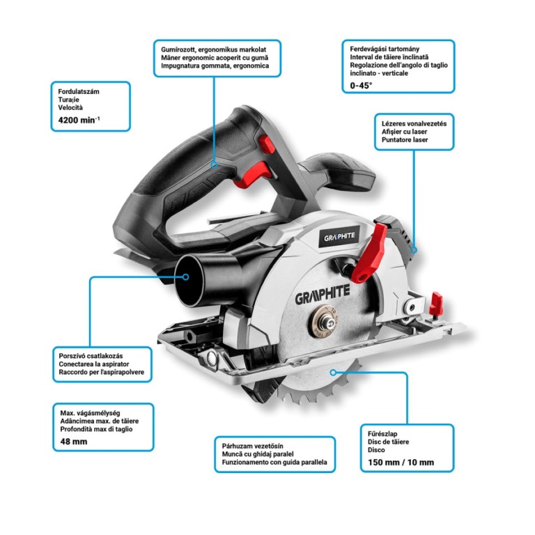 GRAPHITE - Akkus körfűrész, Energy+, 18V, 150x10mm, akku nélkül, 150x10mm