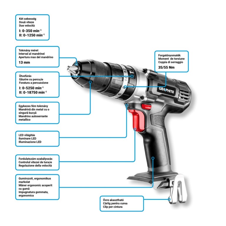 GRAPHITE - Akkus ütvefúrógép, Energy+, 18V, 13mm gyorstokmánnyal, akku nélkül