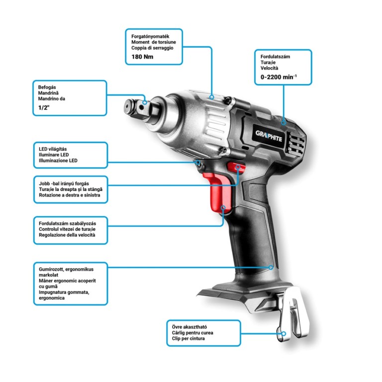 GRAPHITE - Akkus ütvecsavarozó gép, 1/2 - négyzet, Energy+, 18V, akku nélkül