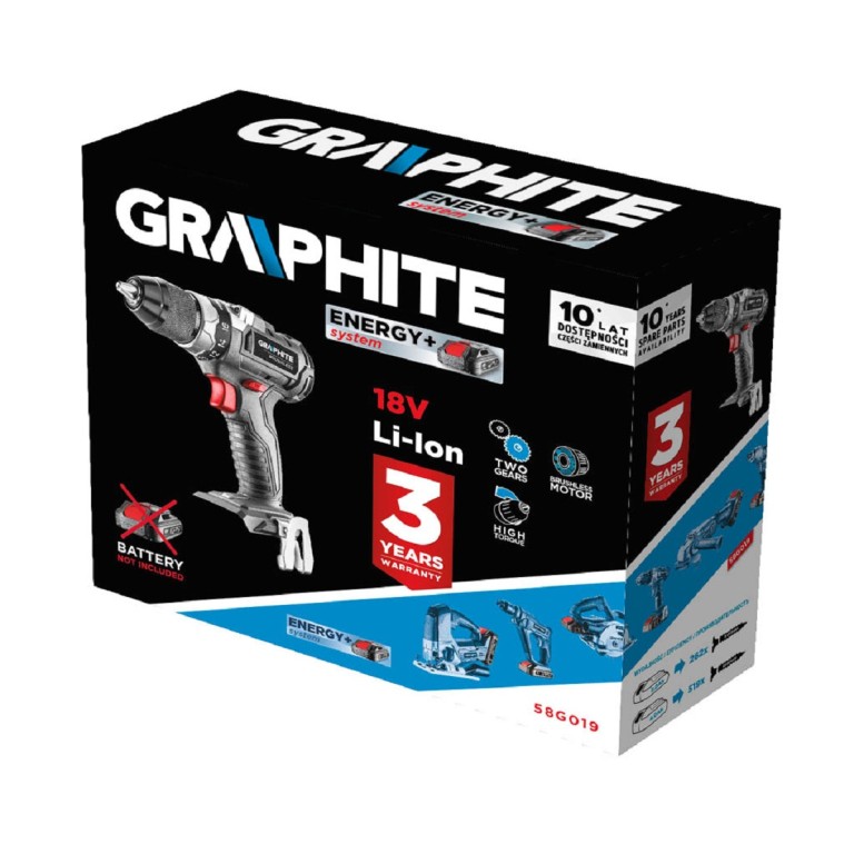 GRAPHITE - Akkus szénkefementes fúrógép, Energy+, 18V, 13mm gyorstokmánnyal, akku nélkül