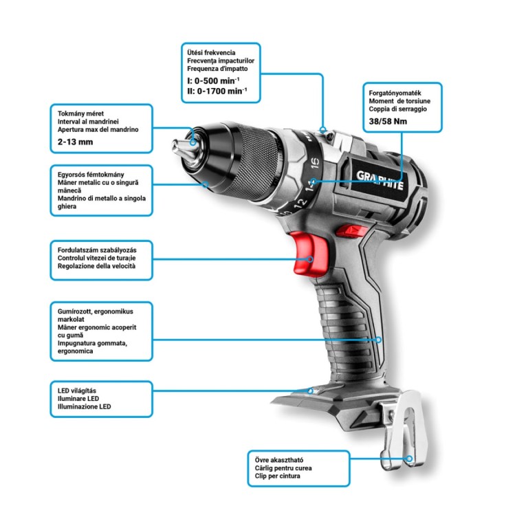 GRAPHITE - Akkus szénkefementes fúrógép, Energy+, 18V, 13mm gyorstokmánnyal, akku nélkül