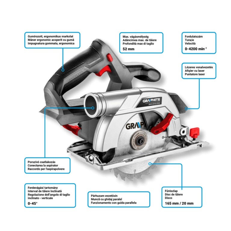GRAPHITE - Akkus szénkefementes körfűrész, Energy+, 18V, 165x20mm, akku nélkül