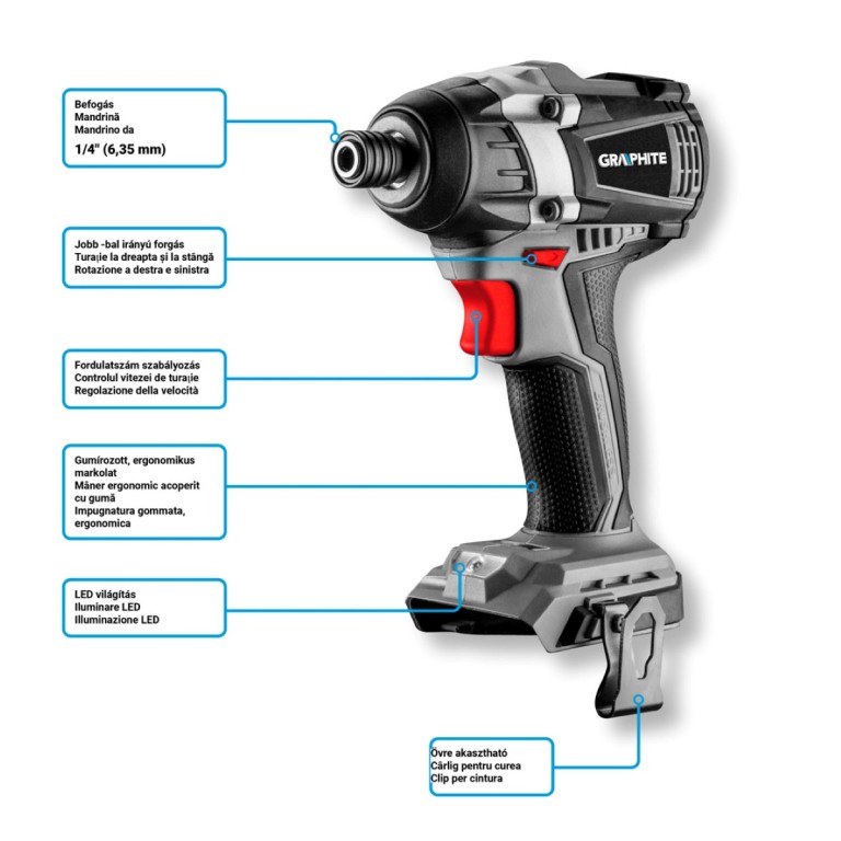 GRAPHITE - Akkus szénkefementes ütvecsavarozógép, 1/4, Energy+, 18V, akku nélkül