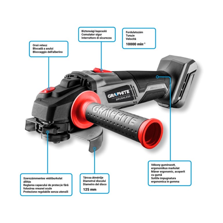 GRAPHITE - Akkus szénkefementes sarokcsiszoló, Energy+, 18V, akku nélkül, 125mm
