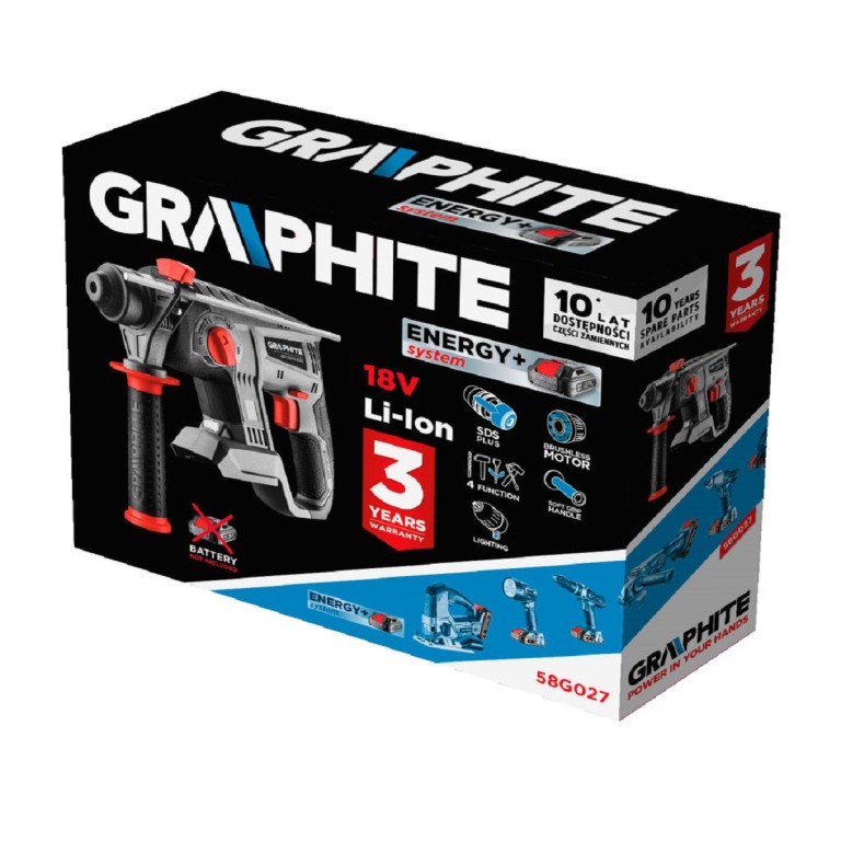 GRAPHITE - Akkus szénkefementes fúrókalapács vésőfunkcióval, Energy+, 18V, 2.2J, akku nélkül