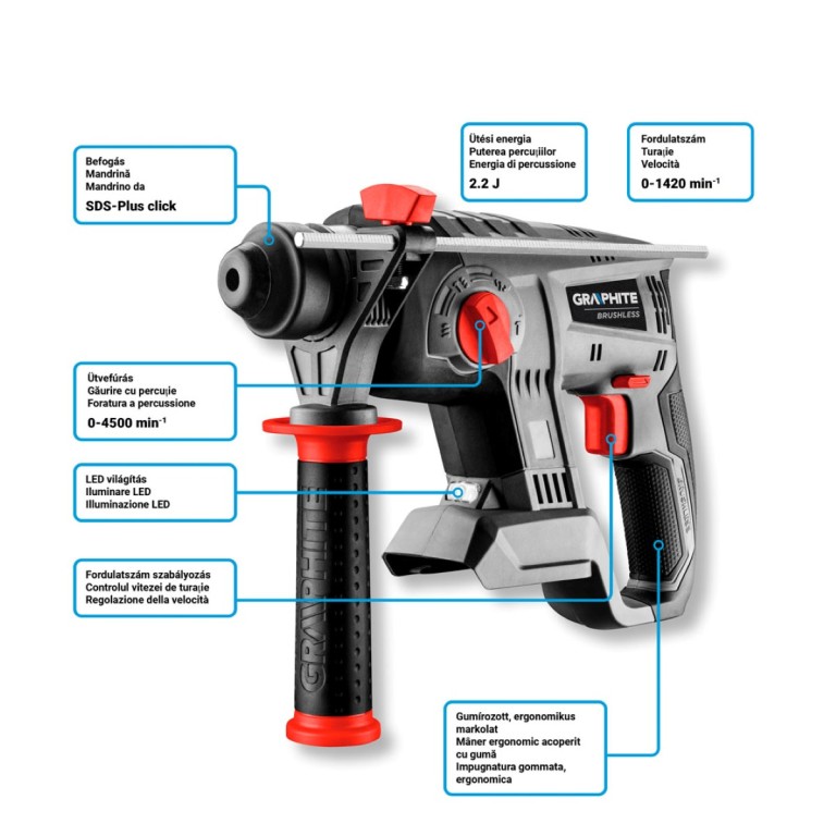 GRAPHITE - Akkus szénkefementes fúrókalapács vésőfunkcióval, Energy+, 18V, 2.2J, akku nélkül