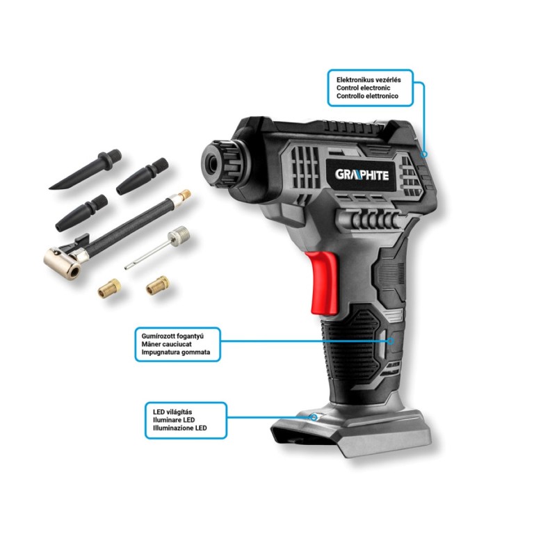 GRAPHITE - Akkus kompresszor, Energy+, 18V, max. 7bar, akku nélkül