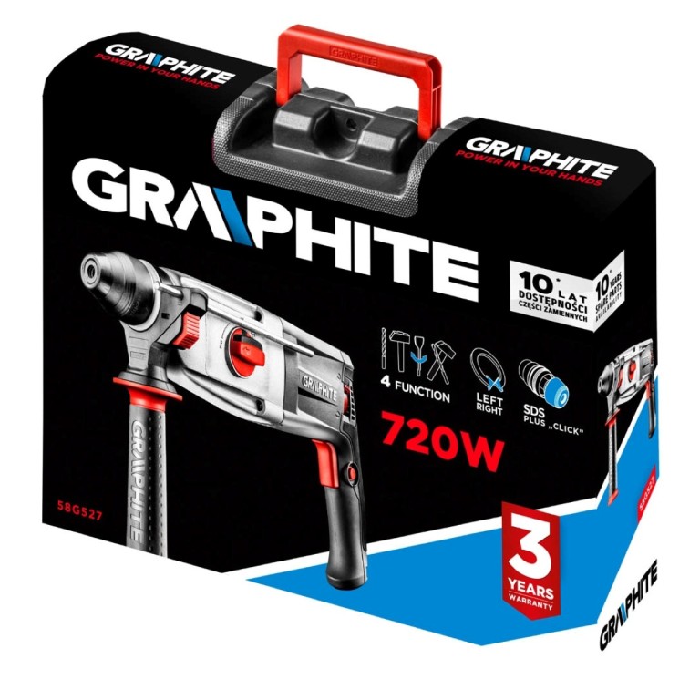GRAPHITE - Fúrókalapács vésőfunkcióval, SDS-Plus befogással, 720W, kofferben