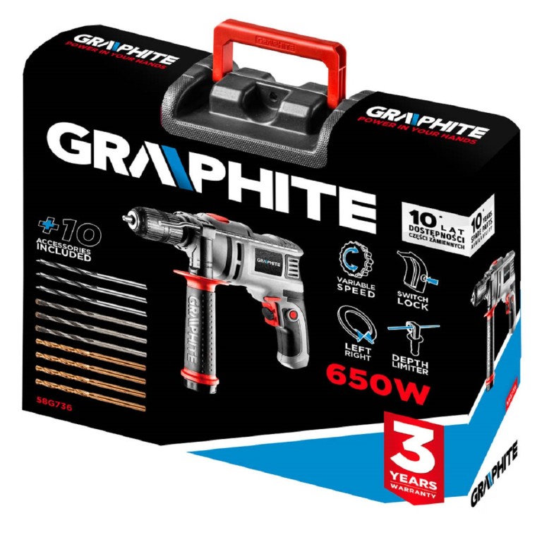 GRAPHITE - Ütvefúró, 650W, 13mm-es gyorstokmánnyal, kiegészítőkkel